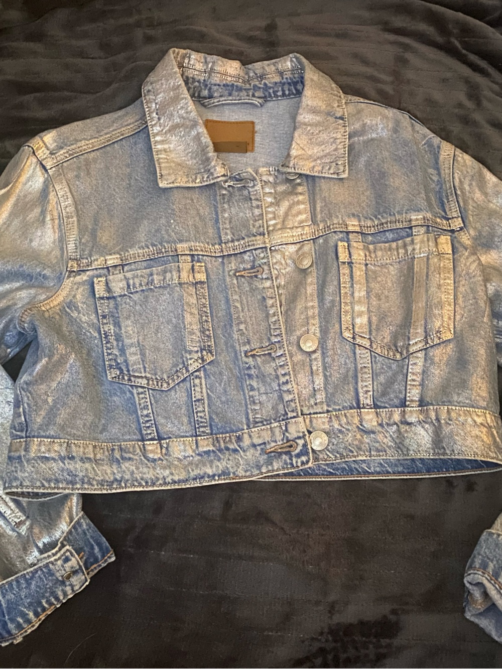 American Eagle Outfitters Metallic Light Blue Cropped Denim Jacket